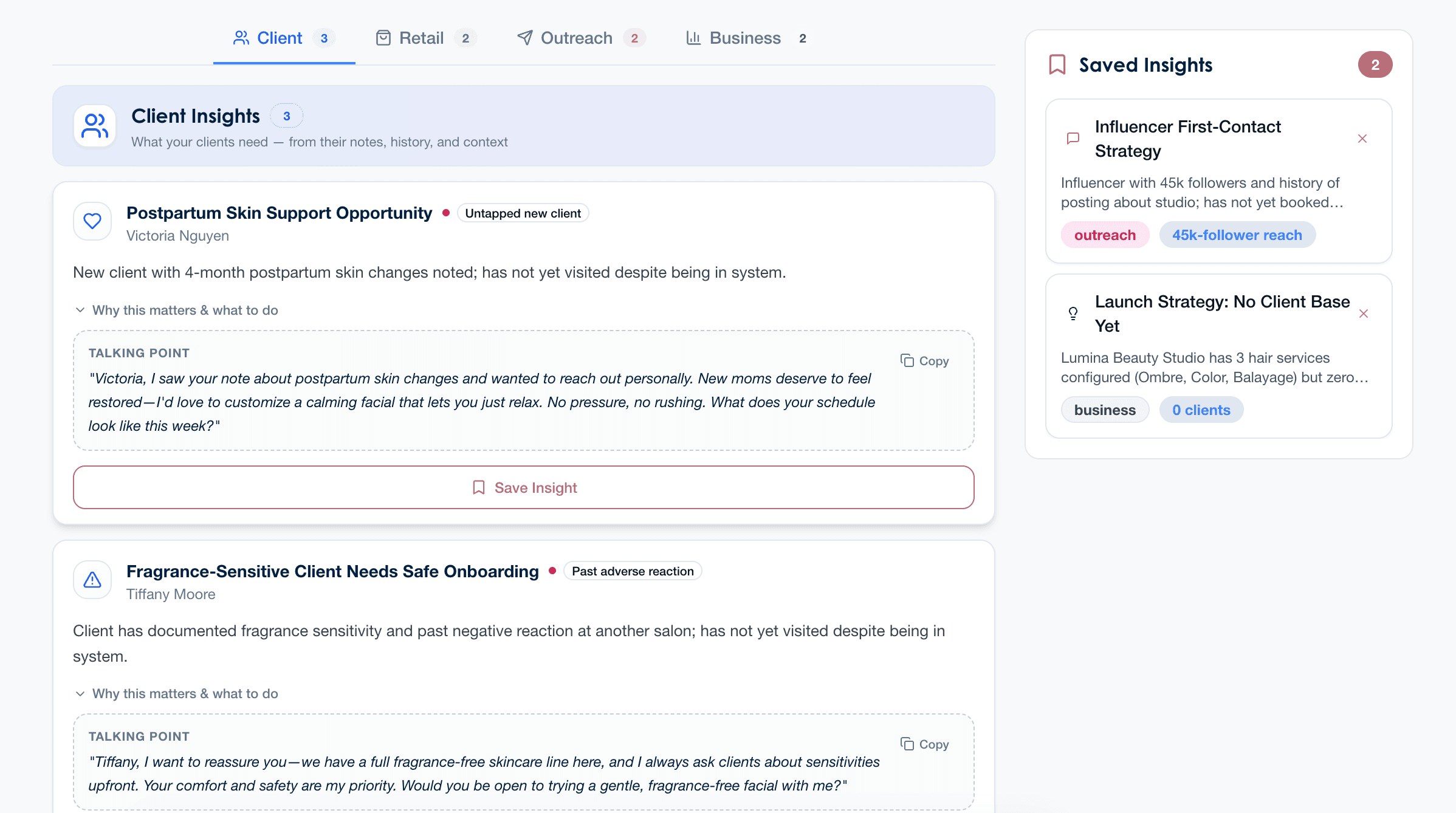 Smart Insights dashboard showing AI-generated client insight cards