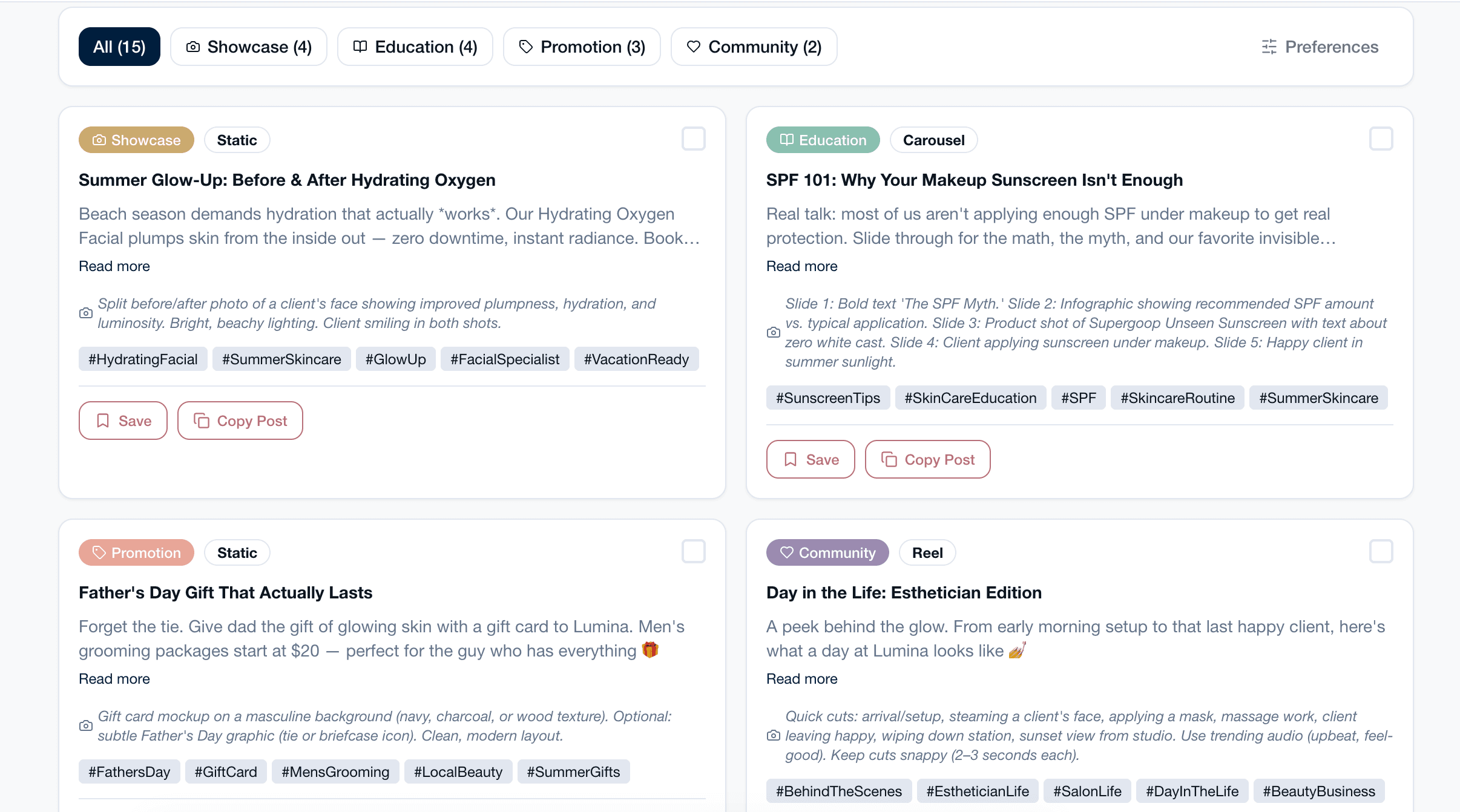 Content Planner showing a monthly social media calendar with content ideas